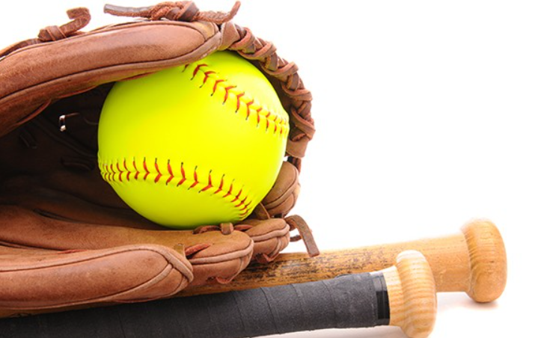 picture containing a softball glove holding a ball. The glove is laying on two bat handles